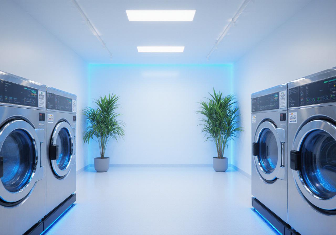 A bright, modern dry cleaning facility using eco-friendly equipment