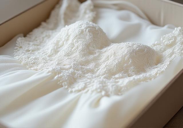 Vintage wedding gown preserved in an acid-free archival storage box
